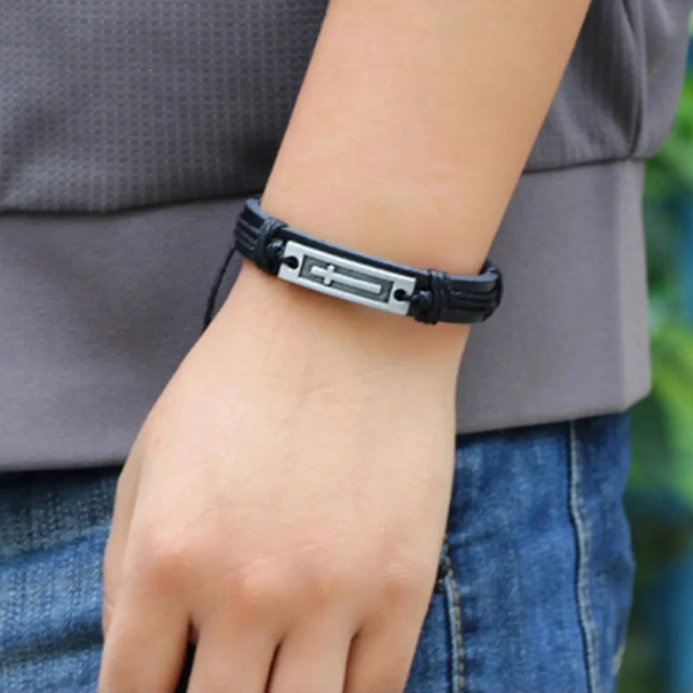 Men or‎ Womens Cross Leather Adjustable Jesus Draw String Religious Bracelet